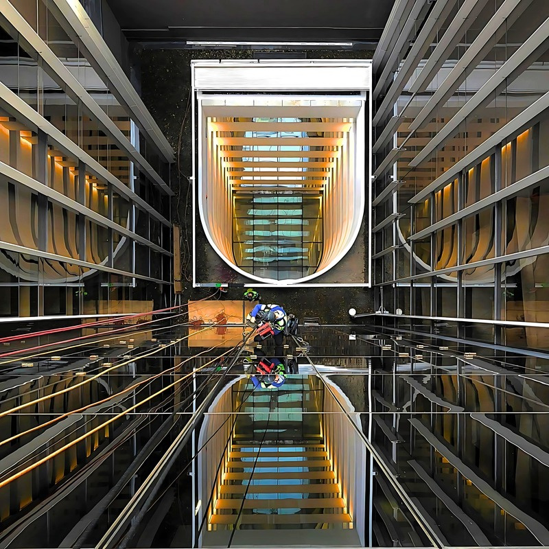 Emporium Hotel South Brisbane atrium where 500kg frameless glass panels were replaced